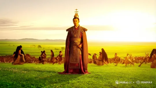 黄帝，全名轩辕黄帝，别名轩辕氏，是中国古代部落联盟的首领，被尊奉为中华民族的人文初祖，被认为是五帝之首。
主要成就：
1、统一华夏部落。在位期间，成功统一了中原地区的各个部落，建立了中国第一个有共主的国家，奠定了华夏族的基础。
2、发明创造。发明了房屋、衣裳、车船、阵法、音乐、器具、井田等，极大地推动了社会生产力的发展；创制了文字、历法、医学等，对后世的文化发展产生了深远影响。
3、文化传播。推广和发展了农业，教导百姓播种五谷，促进了农业文明的发展。
经典传说：
1、战胜蚩尤。黄帝与蚩尤在涿鹿之野进行了激烈的战斗，最终擒杀了蚩尤，统一了中原各部落。
2、乘龙升天。传说黄帝晚年发明了鼎，当第一个鼎被铸造出来时，一条龙降临，黄帝乘龙升天，成为神话中的仙人。 by Hailuo AI Video Generator
