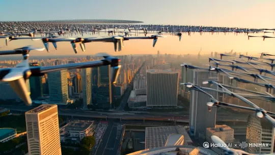 无人机群组在城市上空飞行 by Hailuo AI Video Generator