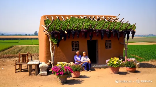 阳光明媚的中国乡村生活场景，有一座土坯小屋，屋前有葡萄架，架上有葡萄，一位老爷爷和一位老奶奶坐在屋前，旁边有木椅、石桌和花盆，花盆里有鲜花，地面有两只鸡，背景是田野和作物 by Hailuo AI Video Generator