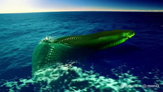 巨蛇从海面游出，缠绕游轮。 by Hailuo AI Video Generator