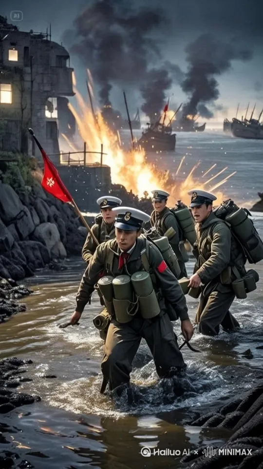amphibious assault close-up, soldiers wading through waist-deep water with explosive charges, barbed wire entanglement under searchlights, cliffside KMT bunker with firing slits, wounded flag bearer holding red banner, reflection of burning boats on turbulent water, Dutch angle shot with shell explosions by Hailuo AI Video Generator