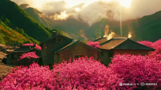 ### **【开场 - 广角全景】**
- **镜头**：无人机缓慢上升，从低空俯视山村全景。  
- **画面**：  
  - 前景：粉色桃花林成片绽放，花瓣随风飘落。  
  - 中景：错落的灰色石屋屋顶，炊烟袅袅升起。  
  - 远景：层叠的青山被晨雾笼罩，阳光穿透云层洒下光束。 by Hailuo AI Video Generator