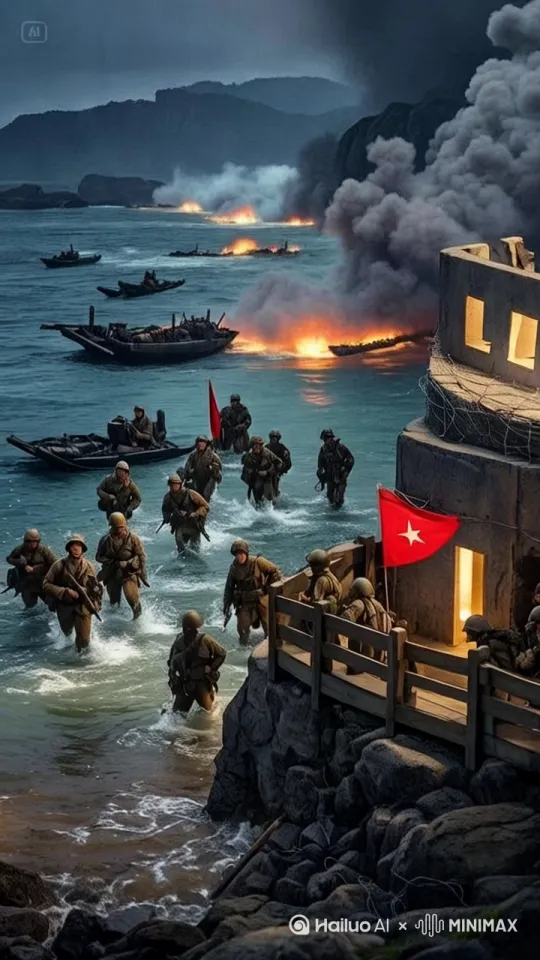 amphibious assault close-up, soldiers wading through waist-deep water with explosive charges, barbed wire entanglement under searchlights, cliffside KMT bunker with firing slits, wounded flag bearer holding red banner, reflection of burning boats on turbulent water, Dutch angle shot with shell explosions by Hailuo AI Video Generator