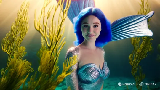 深海中皮肤白皙的蓝发美人鱼缓缓摆动鱼尾，银色鳞片折射微光，她眼眸含情凝望镜头，海草随水流舞动，镜头从全景平稳推近至面庞特写 by Hailuo AI Video Generator