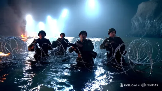 amphibious assault close-up, soldiers wading through waist-deep water with explosive charges, barbed wire entanglement under searchlights, cliffside KMT bunker with firing slits, wounded flag bearer holding red banner, reflection of burning boats on turbulent water, Dutch angle shot with shell explosions by Hailuo AI Video Generator