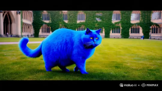 一只蓝色胖猫在大学操场里走路我，一边说话一边指手指（这个片段持续5秒） by Hailuo AI Video Generator