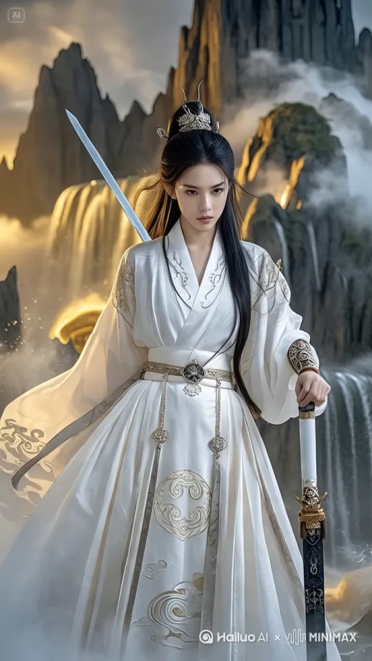 宝剑拿到前面，直指前方，风吹动头发和衣服[左摇,变焦推进] by Hailuo AI Video Generator