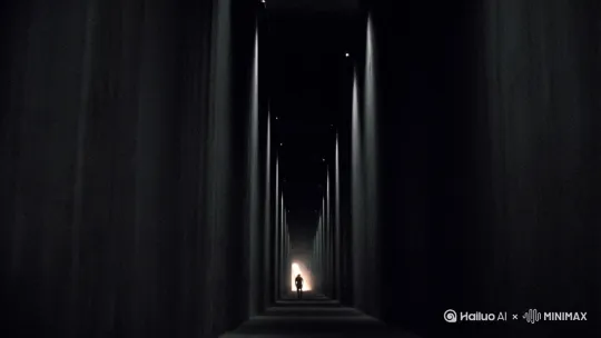 一个长长的无尽的黑暗空间通道，细长狭窄，仅足够我一个人通过，两边高高的墙直通天际，抬头看不到天花板，背后轰隆隆地电鸣声，似乎有什么东西向我飞驰而来，我不敢回头看，只一味往前跑[下摇,变焦推进,跟随] by Hailuo AI Video Generator