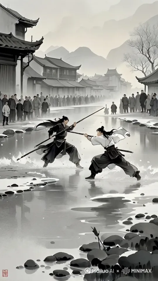 镜头移动，动态跟随，两个人手持武器，身姿轻盈，即将展开一场惊心动魄的中国功夫对决。左边的人率先发动，他脚下轻点，身形如燕，瞬间跃至半空，手中武器直刺而出，仿若飞箭，这一招融合了轻盈的轻功与凌厉的剑式。右边的人踏着奇异的步伐，侧身躲开攻击，同时手中武器横扫，如同长鞭挥舞，风声呼啸。左边的人在空中一个翻转，借着轻功之力再次拔高，武器自上而下猛砸，气势如虹，仿佛泰山压顶。右边的人急速后退，脚步如行云流水，武器向上一挡，发出 “砰” 的一声巨响，两人各自借力向后飘去。落地瞬间，两人再次弹起，如鬼魅般冲向对手，武器左劈右砍，招式快如闪电。
两人的身影在场地里交错翻飞，轻功使得他们的动作更加飘逸灵动，他们各自施展奇妙的轻功身法，在狭小的空间内穿梭自如，手中武器不时回击，角度刁钻，周围的人欢呼雀跃、拍手叫好 by Hailuo AI Video Generator