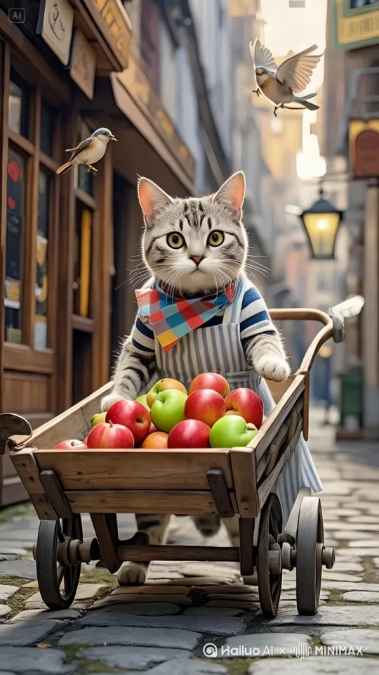 镜头移动，动态跟随，猫咪推着车向镜头走来 by Hailuo AI Video Generator