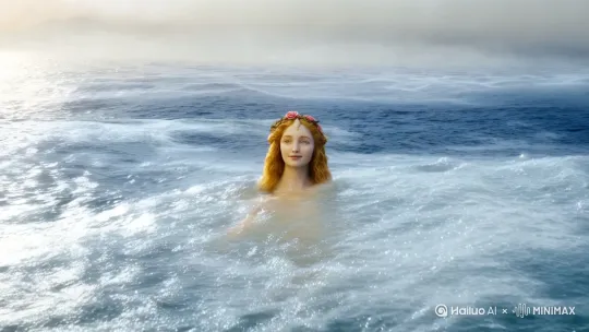在一片梦幻朦胧、泛着粼粼波光的爱琴海面之上，海风轻柔吹拂，泛起层层如银箔般的涟漪。爱与美之神维纳斯从泛起泡沫的海水中冉冉升起，她身姿曼妙，体态优雅，肌肤似羊脂玉般温润细腻，闪烁着珍珠般柔和的光泽。金色的长发如瀑般披散在她圆润的肩头，发缕随风轻舞。
 
维纳斯神情温婉，美目流盼，眼神中透着无尽的温柔与慈爱，宛如一泓深邃的幽潭。她那精致的五官仿若被最巧夺天工的匠人精心雕琢，高挺的鼻梁下，双唇微微开启，似欲诉说无尽的爱意。她的双臂自然舒展，姿态优美，其中一只手轻掩在胸前，带着几分羞涩与矜持，另一只手微微下垂，仿佛在轻抚那荡漾的海水。
 
她身着轻纱，那完美无瑕的胴体散发着神圣而迷人的光辉，仿佛世间一切美好都汇聚于此。金色卷发与玫瑰相伴，贝壳为舟，海豚环绕，玫瑰花雨纷飞在她的周围，洁白的海鸥欢快地盘旋飞舞，发出清脆的啼鸣，似在为她的诞生而欢呼。五彩斑斓的贝壳簇拥在她身侧，贝壳中闪耀着璀璨的珍珠，与她身上的光辉相互映衬。远处，天际边一抹绚丽的彩霞如梦幻般铺展开来，为这美妙的场景增添了几分奇幻与浪漫的色彩。 by Hailuo AI Video Generator