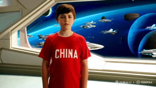 镜头：衣服上印有红色“中国”二字的男孩痊愈，站在实验室窗前，窗外飞船穿梭、星球科幻感[推进,上升]（背景音效：电子脉冲音）美国科幻大片风格 by Hailuo AI Video Generator