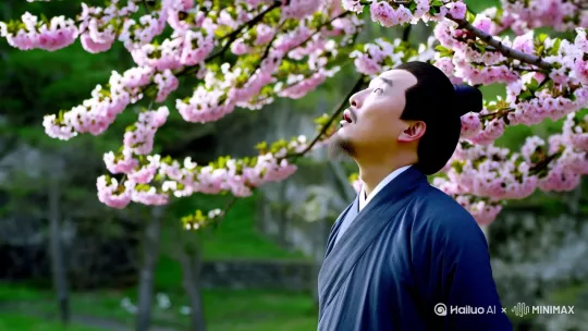 镜头捕捉到一位诗人（白居易）的侧脸，他站在桃花树下，面带惊喜，抬头仰望盛开的桃花，仿佛在感叹春光的意外到来。[左移][上升] by Hailuo AI Video Generator