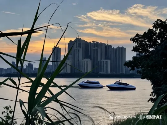 运用左右平移运镜，镜头从画面左侧开始，跟随艇在水面上从右向左移动，展现艇在水面行进的动态，之后运用推镜头运镜，镜头从远处向艇推进， 船上人们开心的在向岸上招手 by Hailuo AI Video Generator