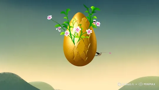 画面以天青色渐变晨空为背景,中央悬浮一枚金纹镂空蛋壳,裂缝中溢出嫩绿藤蔓与粉白樱花,象征破壳新生。左侧水墨山脉隐现昼夜平分线,右侧燕群衔春柳斜飞入画,地面点缀星点荠菜与透明露珠。整体色调柔和中跳耀鹅黄光斑,搭配飘落花瓣粒子特效,传递春意流转的灵动诗意。 by Hailuo AI Video Generator