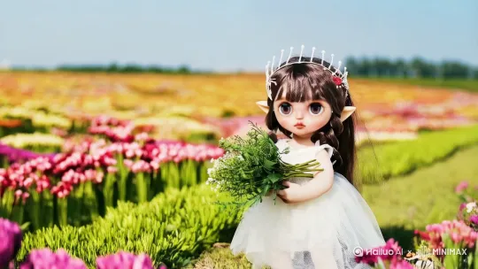 This  girl is a small dwarf.穿着白色的纱裙，手捧鲜花，站在花田里，堆着镜头微笑 by Hailuo AI Video Generator