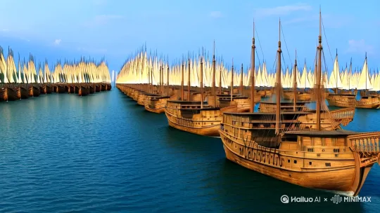 《郑和下西洋：大明王朝的海上史诗与未竟航程》

【导语】1405年夏，苏州刘家港千帆蔽日，62艘巨型宝船组成的舰队即将开启人类航海史最壮观的远航。这支由三宝太监郑和率领的使团，在28年间七下西洋，将大明王朝的威仪播撒至万里海疆，却在1433年戛然而止。让我们透过斑驳的《郑和航海图》，重溯这段震撼世界的东方航海传奇。

【第一幕：永乐皇帝的海洋雄心】
（插入明成祖朱棣画像与南京龙江船厂遗址图片）

靖难之役后登基的明成祖朱棣，在1405年做出了改变世界航海史的决定。这位以武力夺取江山的帝王，深知"万国来朝"对政权合法性的重要意义。南京龙江船厂昼夜不息，工匠们运用宋代传承的水密隔舱技术，建造出长达126米的九桅宝船。每艘巨舰配备精确的航海罗盘、详细的水文记录，以及可供千人食用的储备粮仓。

郑和船队的构成堪称15世纪的海上联合国：除2.7万名水手、将士外，还有通晓阿拉伯语、梵语的翻译，擅长占星术的阴阳官，记录异域风物的翰林编修。他们携带的不仅是丝绸瓷器，更有象征天朝礼制的《大明历》与黄铜量器。

【第二幕：惊涛骇浪中的文明对话】
（插入郑和船队航行路线图与古里国碑文拓片）

1409年第三次远航时，船队在锡兰山（今斯里兰卡）遭遇政治危机。国王亚烈苦奈儿企图劫掠船队，郑和亲率2000精兵直取王宫，却未纵兵劫掠，反而扶持贤明的邪巴来那执政。这段经历被镌刻在郑和于古里（今印度卡利卡特）竖立的石碑上："其国去中国十万余里，民物咸若，熙皞同风。"

在满剌加（马六甲），郑和船队建立中转基地，中国工匠教授当地人建造水井与房屋；从忽鲁谟斯（霍尔木兹）带回的麒麟（长颈鹿），引发南京城万人空巷；苏门答腊的胡椒种植技术因此传入中国，悄然改变着明朝人的饮食习惯。

【第三幕：落日余晖中的封存记忆】
（插入宣德青花瓷与《瀛涯胜览》书影图片）

1430年第七次远航时，62岁的郑和明显感受到时代变迁。宣德皇帝虽重启下西洋，但朝中反对声浪日盛。船队最远抵达天方（麦加），带回的《克尔白朝圣图》现存泉州海交馆。1433年归国途中，郑和病逝古里，副使王景弘将他的发辫与朝服带回南京，安葬于牛首山南麓。

随着《星槎胜览》《瀛涯胜览》等航行笔记的刊行，民间海商悄然效仿官方的航海技术。朝廷虽在1477年焚毁大部分航海档案，但福建漳州月港的走私商船，仍在沿用郑和船队测绘的《过洋牵星图》。那些被刻意遗忘的航海记忆，最终在16世纪催生出王直、郑芝龙等海上枭雄。

【尾声：潮汐深处的历史回响】
（插入东非郑和后裔照片与沉船考古现场图片）

1994年，肯尼亚帕泰岛渔民展示的家传青花瓷碗，揭开一个惊人事实：数百名郑和船队成员后裔仍在此生息。2010年南京宝船厂遗址出土的11米长舵杆，印证了史书中"舵杆必以铁力木为之"的记载。这些跨越时空的物证，诉说着一个不同于西方殖民史的海洋叙事——大明王朝的航海传奇，终究在蔚蓝深处留下了文明的印记。 by Hailuo AI Video Generator