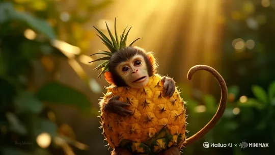 小猴子穿着菠萝外壳站起来 by Hailuo AI Video Generator