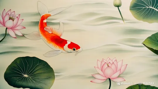 国风水墨锦鲤：以淡墨色为背景，一条色彩鲜艳的锦鲤在画面中灵动游弋，周围点缀着几支荷花、荷叶，运用中国传统的水墨画风格，笔触自然流畅，给人一种高雅的艺术感。 by Hailuo AI Video Generator