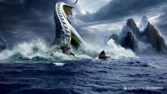 参照山海经作为背景，生成一段北海巨妖大战琨的视频，背景音乐较为热血，镜头要求由远到近 by Hailuo AI Video Generator