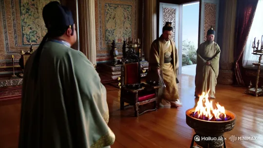 皇上的御书房，礼部尚书看到这位君主站起身，走到火盆边蹲下，亲自拿起铁钳拨动炭火，守在门外的宦官并没有代劳。镜头由中景推至皇上脸部特写， by Hailuo AI Video Generator