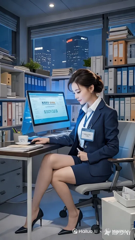 代账公司办公室全景，40岁女性穿职业装，气质优雅，姿态优美，操作财务软件，背后文件柜贴满"XX公司账本"标签；美学词：现代办公环境冷色调，电脑蓝光照亮
自信脸庞，窗外城市夜景展现时间转换；专业词：桌面堆叠20个不同颜色账本，显示器显示"纳税申报成功"，工牌特写"主管会计"，工资短
信显示"月收入10000元"[左移,右摇,跟随] by Hailuo AI Video Generator