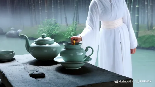 提示词描述：
[场景氛围] 晨雾缭绕的竹林茶亭，石桌上青釉茶具泛着釉光，背景有溪流穿石而过 [人物动态] 女子侧影（穿素白汉服）提壶注水，茶汤冲开菊花时升起蒸汽凝结为半透明水墨肝经图 [动态元素] ①茶汤涟漪扩散触发经络亮起淡金微光 ②飘落的竹叶触地化作青烟 [艺术风格] 宋代水墨淡彩，主色调靛青+留白，人物轮廓用枯笔皴擦技法 [运镜指令] 镜头从茶盏蒸汽特写（肝经显化）缓慢左平移，展现人物侧影与竹林全景 [慢速0.5x]
参数设置：开启“水墨边缘”特效（强度60%），粒子密度调至3级模拟竹叶青烟
 by Hailuo AI Video Generator
