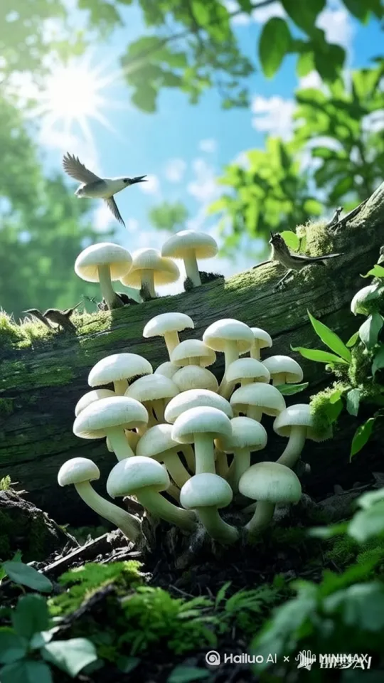 画面角落里走入一只矮矮胖胖的小黄人，它有着黄色的像胶囊形状的身体，戴着护目镜，穿着牛仔色的背带裤。它跑到画面的蘑菇身边，然后从背后拿出一个篮子，期待地看着野生白蘑。 by Hailuo AI Video Generator