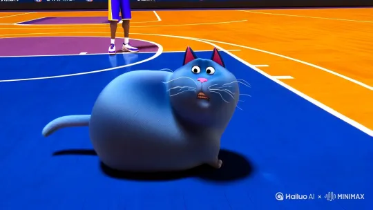 蓝色的胖猫在篮球场看到科比后一脸羞涩然后狼狈的跑走 by Hailuo AI Video Generator