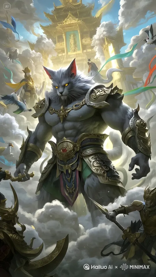 这幅图像展现了一个充满幻想和史诗感的场景，我们可以将其转化为一个极具震撼力的电影特效片段。以下是具体的运镜效果和动作表情描述：

1. **开场镜头**：
   - 从远处缓缓推进，云雾缭绕的仙境逐渐显现。镜头首先聚焦在背景的金色宫殿上，阳光穿透云层，照亮了宫殿的金色屋顶，闪烁着耀眼的光芒。

2. **主角登场**：
   - 随着镜头的推进，主角——一个巨大的狼形战士——从云雾中缓缓现身。镜头特写他的脸庞，狼的双眼炯炯有神，充满威严和力量。他的肌肉线条分明，铠甲闪耀着金属光泽。

3. **动态效果**：
   - 狼形战士开始移动，他的每一步都伴随着地面的震动和云雾的翻滚。镜头跟随他的步伐，从低角度仰拍，突出他的巨大体型和威严气势。
   - 战士挥动手中的武器，动作迅猛而有力。镜头捕捉到他挥动武器的瞬间，特效加上闪电般的光芒，增强视觉冲击力。

4. **背景细节**：
   - 在战士的背后，其他角色也在云雾中若隐若现。他们手持武器，姿态各异，仿佛在为即将到来的战斗做准备。镜头偶尔切换到这些角色，展示他们的表情和动作，增加画面的层次感。
   - 天空中飞翔的鸟类和飘动的彩带增加了画面的动态效果。镜头捕捉到这些细节，特效加上柔和的光晕效果，使整个画面更加梦幻。

5. **高潮部分**：
   - 战士高举武器，发出震天的怒吼。镜头快速切换，从各个角度展示他的动作和表情，特效加上震动效果，增强震撼力。
   - 云雾突然剧烈翻滚，仿佛响应战士的召唤。镜头跟随云雾的翻滚，特效加上烟雾特效，使整个画面充满动感和张力。

6. **结尾镜头**：
   - 最后，镜头缓缓拉远，展示整个场景的全貌。战士站在云雾之上，金色宫殿在他的背后闪耀，整个画面充满了史诗感和震撼力。

通过这些运镜效果和动作表情的描述，可以将这幅图像转化为一个极具震撼力的电影特效片段，让观众仿佛置身于一个奇幻的世界中，感受到强烈的视觉冲击和情感共鸣。[右移,左摇,跟随] by Hailuo AI Video Generator