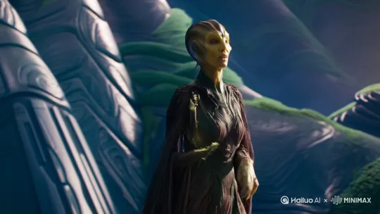 [右移,跟随]
一个外星人讲解他们的世界，
[下降,上摇]
他们的星球一切都是智能体，
[左移,上升]
能飞能潜水，
[上升,左移]
吃的食物可以撑1年之久，
发挥奇异想象。 by Hailuo AI Video Generator