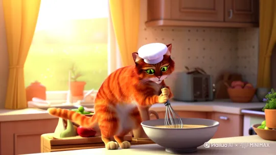 橙黄色的橘猫在做饭。 by Hailuo AI Video Generator