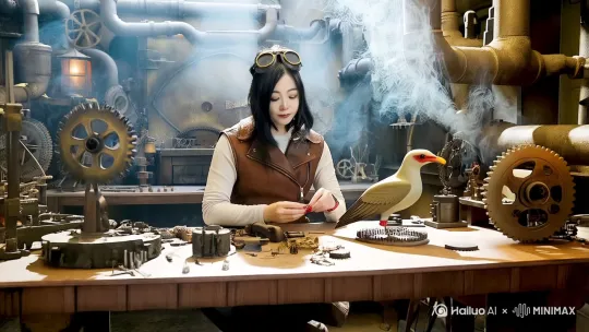 主角身穿复古皮革背心与护目镜，坐在充满齿轮与蒸汽管道的工坊中。背景是桌上散落的工具与半完成的机械鸟模型，蒸汽缓缓从管道中冒出，整体画面充满怀旧与未来交织的冲突感。 by Hailuo AI Video Generator