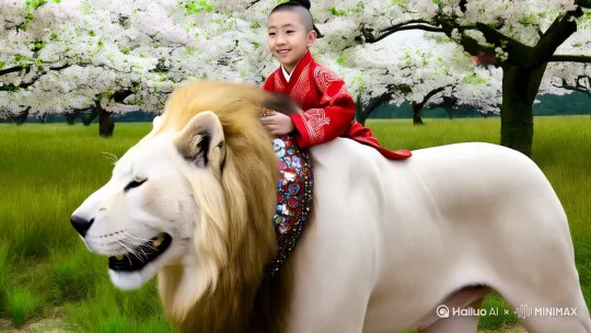 一个古灵精怪的古装小男孩，五官小巧而精致。 骑在一只身形极其巨大的肥狗身上，这只肥狗浑身长满洁白如雪的长毛，柔顺且浓密，犹如狮子一般威武，长毛随风飘动。肥狗的体型硕大，步伐稳健有力。它的脖颈上戴着一个别致好看的项圈，项圈上镶嵌着五彩宝石，闪耀着迷人的光芒。 小萝莉双手紧紧抓着肥狗的长毛，脸上满是好奇与期待。她们行走在桃花盛开乡田野上，头上时不时的有蝴蝶飞来飞去，狗狗悠闲地向前走 by Hailuo AI Video Generator