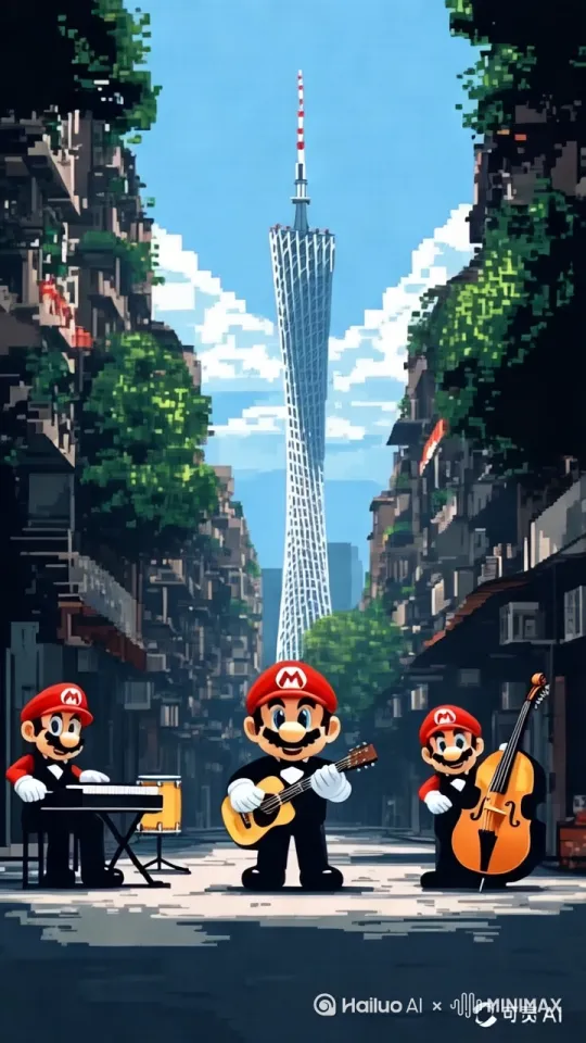 第一人称视角 马里奥跑步，第二个镜头 中景运动镜头 三个马里奥往小蛮腰跑去 by Hailuo AI Video Generator