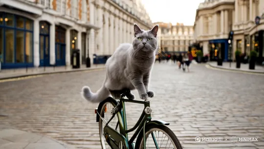 一只灰色的浑身经过精致修剪的英国短毛猫骑着自行车在伦敦街道上悠闲地骑行 by Hailuo AI Video Generator