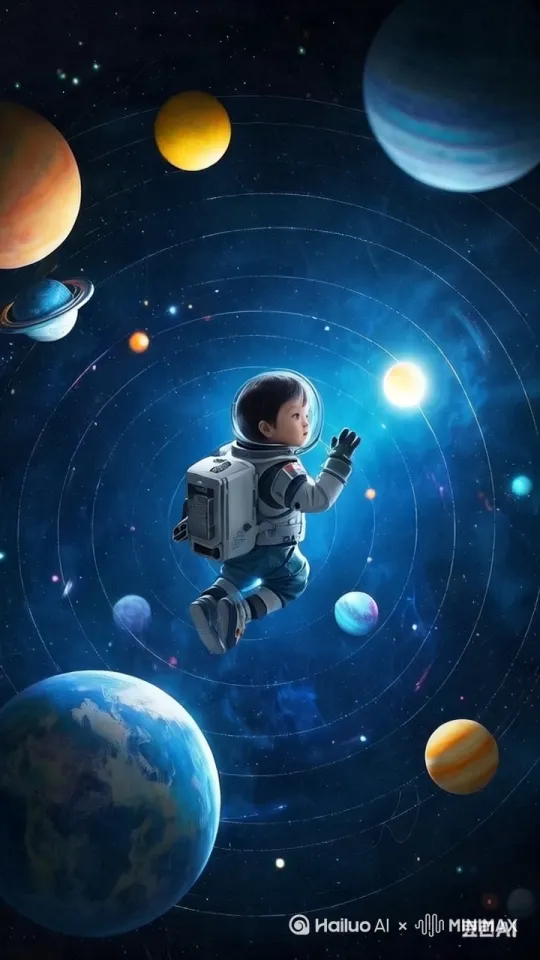 所有星球围着小男孩很缓慢的转动起来 by Hailuo AI Video Generator