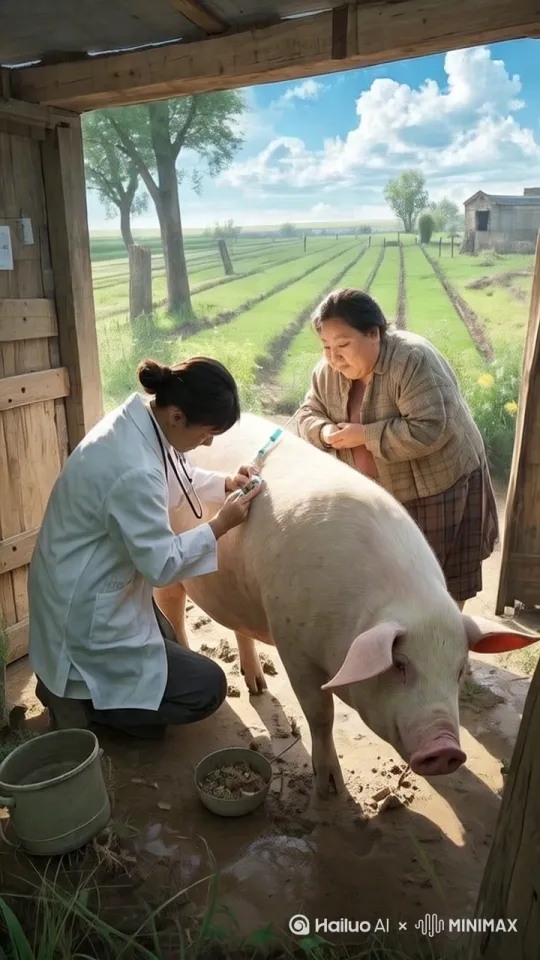 医生举起针要给猪打针，猪跑开，医生一不小心将针扎在了女人身上，女人疼的跳了起来，踢了猪一脚，镜头移动，动态跟随 by Hailuo AI Video Generator