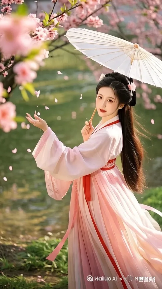 帮我生成一张图片：帮我生成一张图片：1. 主体描述
国风美女穿浅粉色齐胸襦裙汉服，腰间系渐变桃花纹腰带，手持油纸伞漫步桃林，花瓣飘落肩头，裙摆轻扬在比例 9:16。 by Hailuo AI Video Generator