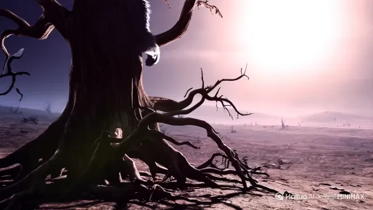 场景四:枯树与皓月**
* **(画面)** 镜头拉远,狼王的身影与枯树、皓月融为一体,构成一幅充满意境的画面。
* **(特写)** 枯树枝桠扭曲,在月光下投射出诡异的阴影。
* **(音效)** 风声再次响起,夹杂着狼嚎,画面逐渐变暗。 by Hailuo AI Video Generator