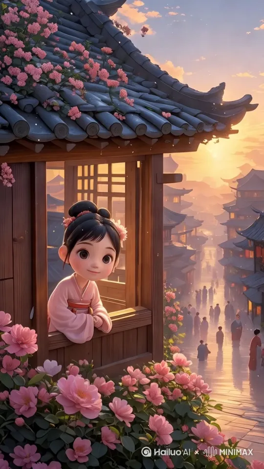 运镜：镜头从一朵花慢慢拉远，展现整个繁华的锦官城。 小女孩微笑着注视着人群，阳光闪烁，人潮涌动，风吹动着花朵，花瓣随风飘扬 by Hailuo AI Video Generator