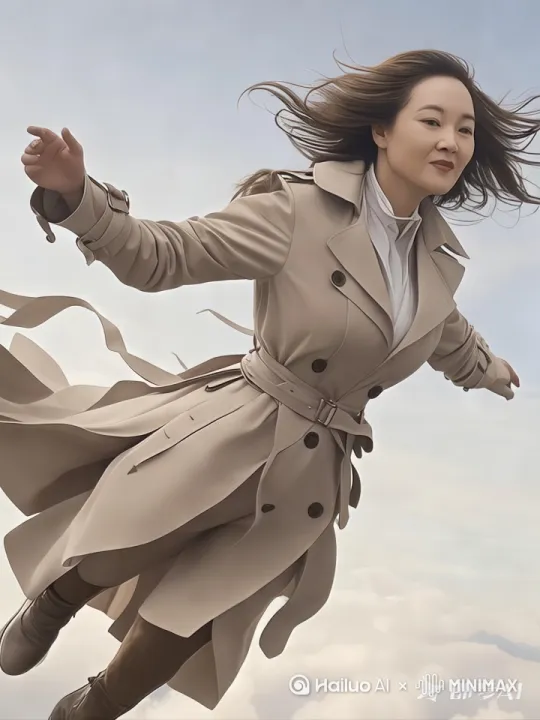 背景蓝天白云，大海。一位女性站在游轮上舞动双臂准备飞行。镜头由远向前推进。女性右快速飞行，右环绕移动镜头。跟随。 by Hailuo AI Video Generator