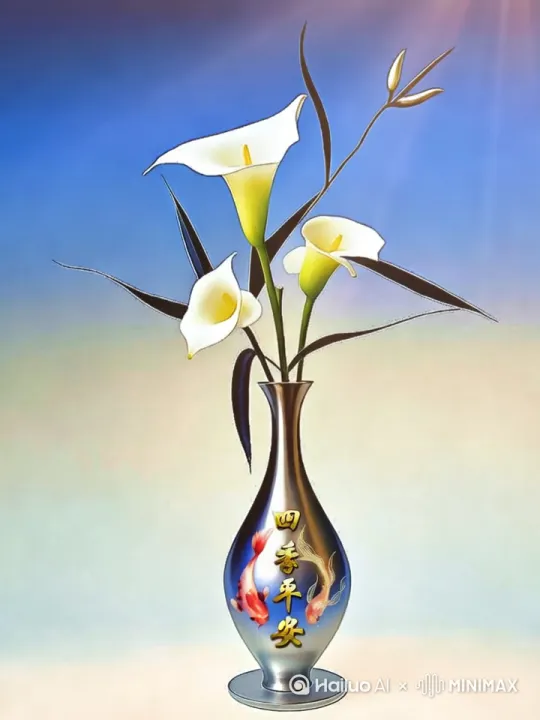 金属质感的银蓝色花瓶，瓶身呈流线型 。瓶中插有几枝绿色花茎，搭配白色花瓣、黄色花蕊的马蹄莲花朵，以及绿色细长的叶片。蓝白渐变背景，丁达尔光线，CG渲染，HDR效果，现代简约风格，中景。[固定镜头] by Hailuo AI Video Generator