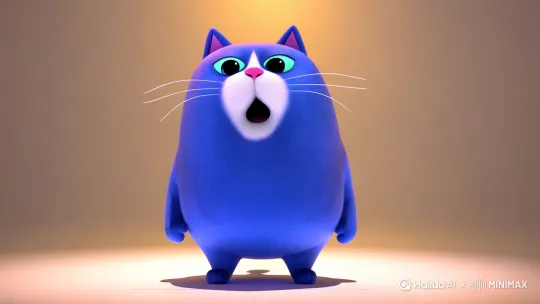 一个蓝色的卡通胖猫，在唱歌曲
歌词：你反正不会在担心 我隐隐作痛的心脏
好像遇到我 你才对自由向往
怎么为她 失去一切也无妨
可能是我贱吧 不爱我的非要上 by Hailuo AI Video Generator