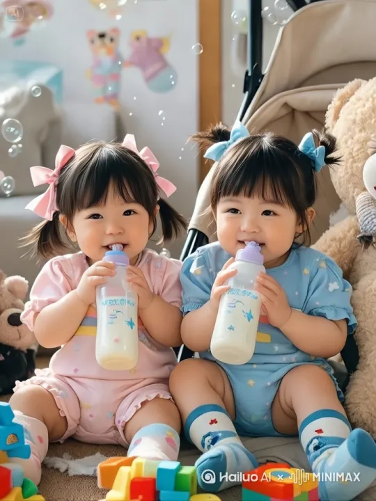 姐妹同步举奶瓶喝奶，摇头晃脑间，一人伸手轻碰对方酒窝，周围肥皂泡光动态飘动，要求动作自然顺滑幅度稍微大点镜头由远及近 by Hailuo AI Video Generator