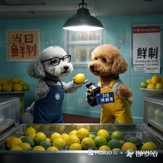 黄泰迪狗闻柠檬，背景灯光闪 by Hailuo AI Video Generator