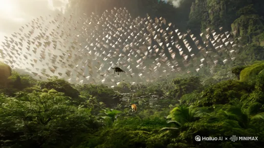 丛林中悬浮着无数菱形生物，像矩阵一样排列，静止状态，镜头由远及近，特写其中一个生物。生物突然由静止状态转变为飞行姿势并快速飞行，想丛林中一只老虎发起蜂群式攻击。电影质感 by Hailuo AI Video Generator