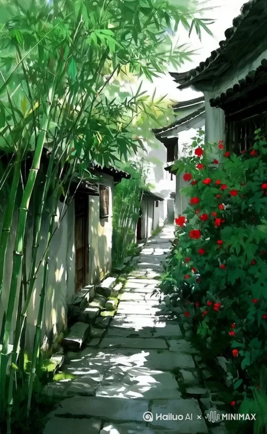 微风阵阵吹过竹叶摇曳，绿叶摇摆，偶尔花瓣洒落。镜头逐渐拉进〔跟随〕 by Hailuo AI Video Generator