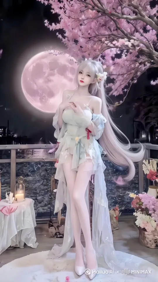 画面开始时，镜头缓缓拉远，展现出一个夜晚的场景。背景是一轮巨大的粉色圆月，月光柔和地洒在整个场景中，营造出一种梦幻的氛围。前景是一位身穿淡蓝色华丽服饰的女子，她的长发飘逸，头戴花饰，站在一个装饰精美的平台上。她的服饰飘逸轻盈，层层叠叠的薄纱在微风中轻轻飘动。她的姿态优雅，双手交叉放在胸前，显得宁静而神秘。

在她身后，一棵盛开的樱花树伸展着枝桠，粉色的花瓣在月光下显得格外娇艳。花瓣随风飘落，为整个场景增添了一丝浪漫的气息。平台的栏杆上装饰着一些灯笼和花卉，这些元素共同构成了一个唯美的场景。

随着镜头的移动，镜头逐渐拉近，聚焦在女子的身上。她的服饰细节变得更加清晰，淡蓝色的薄纱上点缀着精美的刺绣和花朵装饰，显得格外华丽。她的长发在微风中轻轻飘动，头上的花饰也显得更加精致。

镜头继续拉近，展示出她脚下的平台。平台上铺着一层白色的地毯，地毯上散落着几片花瓣，显得格外浪漫。旁边的桌子上摆放着一盏点燃的灯笼和一些装饰品，这些细节为整个场景增添了更多的层次感和真实感。

最后，镜头定格在女子的身上，她依旧保持着优雅的姿态，月光洒在她的身上，整个画面充满了梦幻和浪漫的氛围。樱花花瓣继续飘落，画面定格在这一瞬间，给人留下深刻的印象。 by Hailuo AI Video Generator