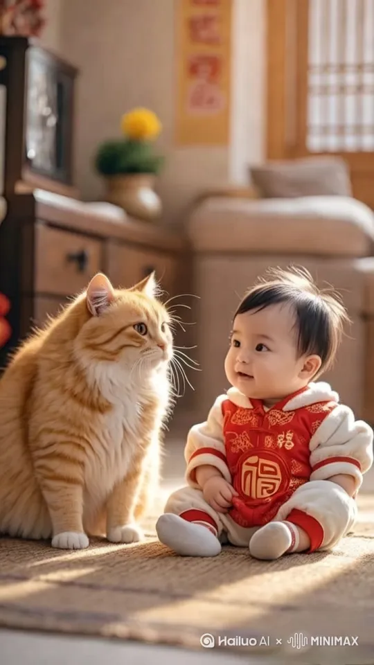 猫咪和萌娃对视，猫咪摸了摸萌娃的头，然后开心地抱在一起，猫咪和萌娃都笑得很开心 by Hailuo AI Video Generator